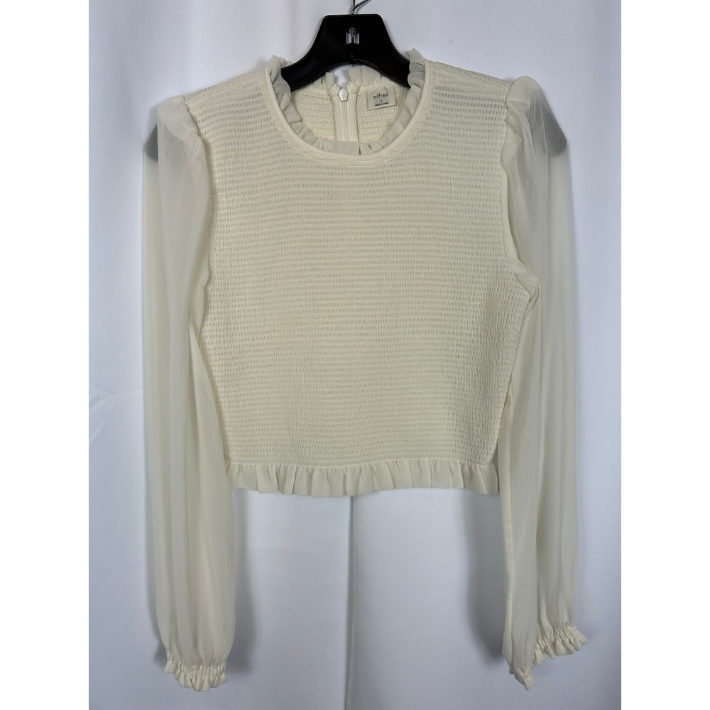 Wilfred‎ Aritzia Smocked Ruffle Blouse Cream Sheer Long Sleeve Romantic Top S